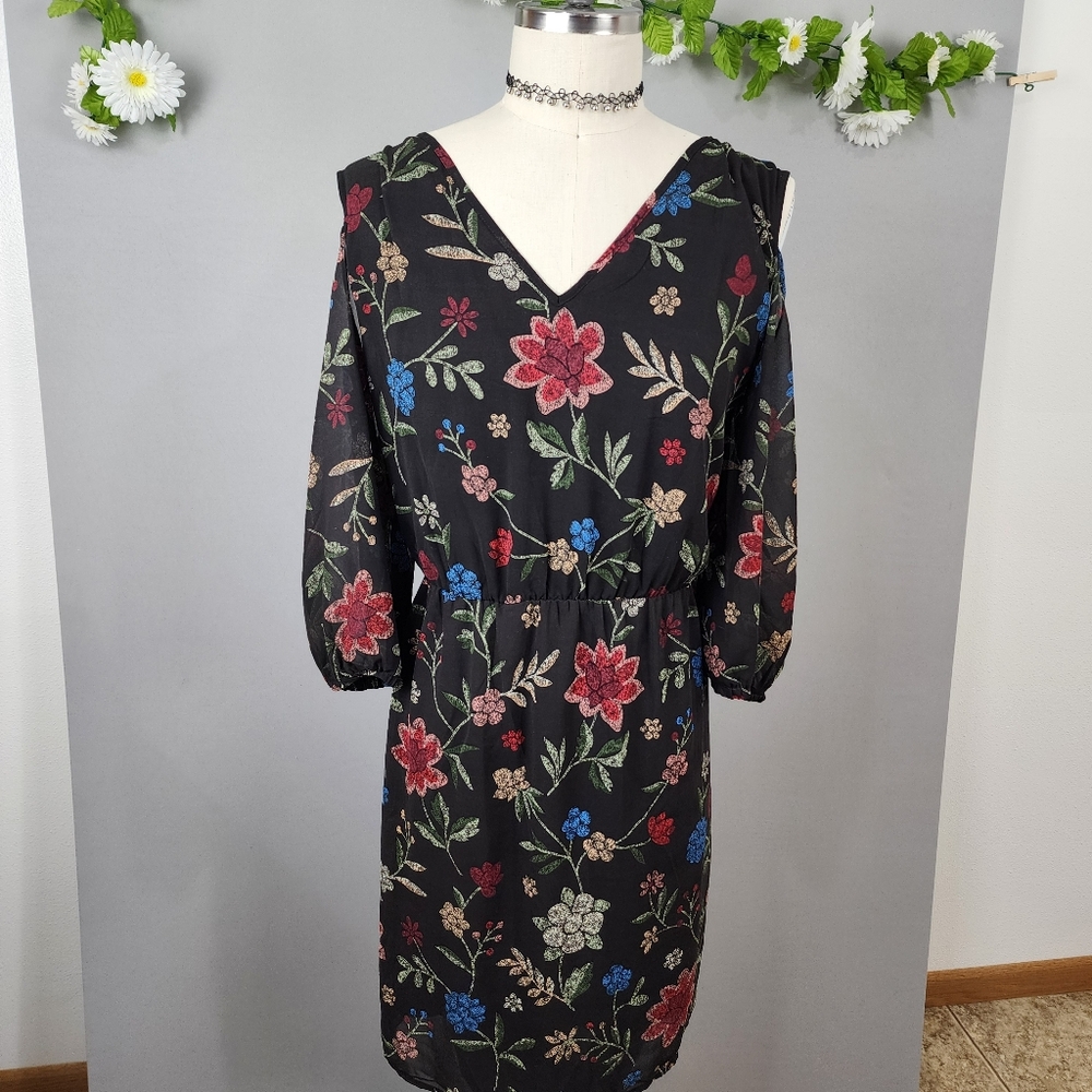 Signature Collection Black Floral  Dress Cold Shoulder Sz 1x 18/20